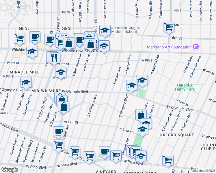 map of restaurants, bars, coffee shops, grocery stores, and more near 928 South Tremaine Avenue in Los Angeles