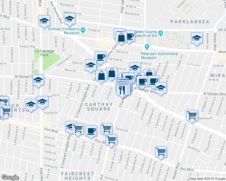 map of restaurants, bars, coffee shops, grocery stores, and more near 1020 Hi Point Street in Los Angeles