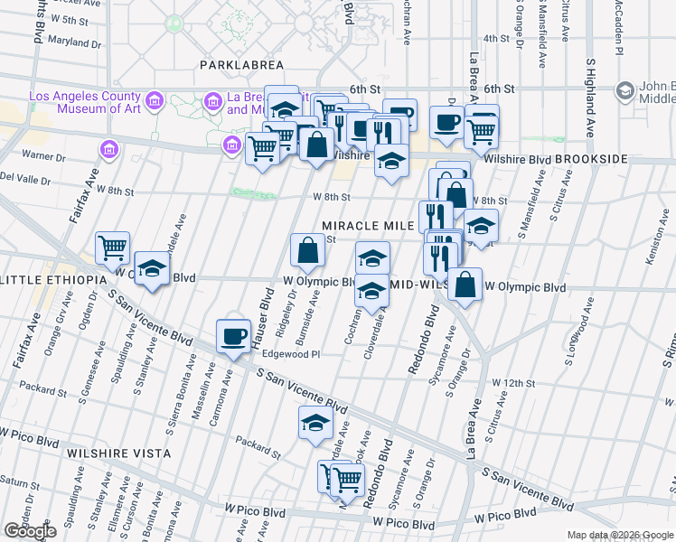 map of restaurants, bars, coffee shops, grocery stores, and more near 5525 West Olympic Boulevard in Los Angeles