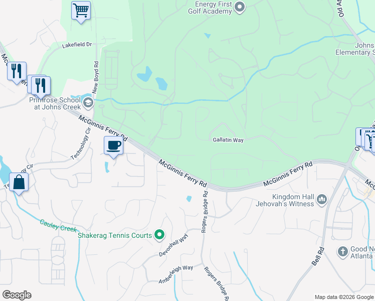 map of restaurants, bars, coffee shops, grocery stores, and more near 7425 Glenmaura Way in Suwanee