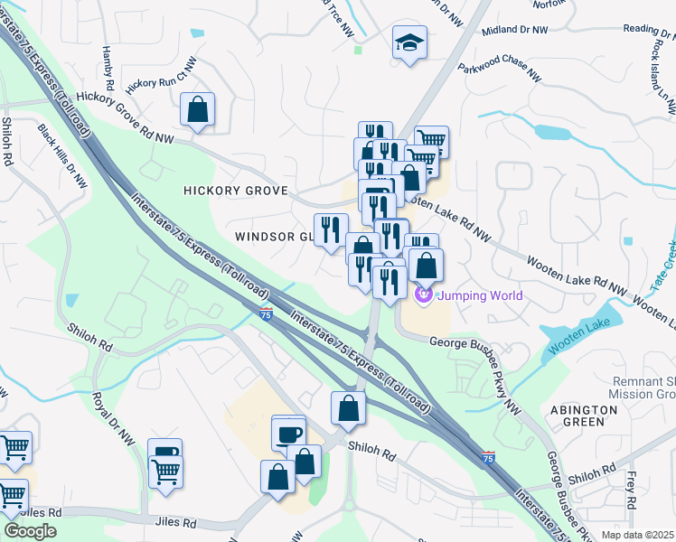 map of restaurants, bars, coffee shops, grocery stores, and more near 1311 Telhurst Court Northwest in Kennesaw