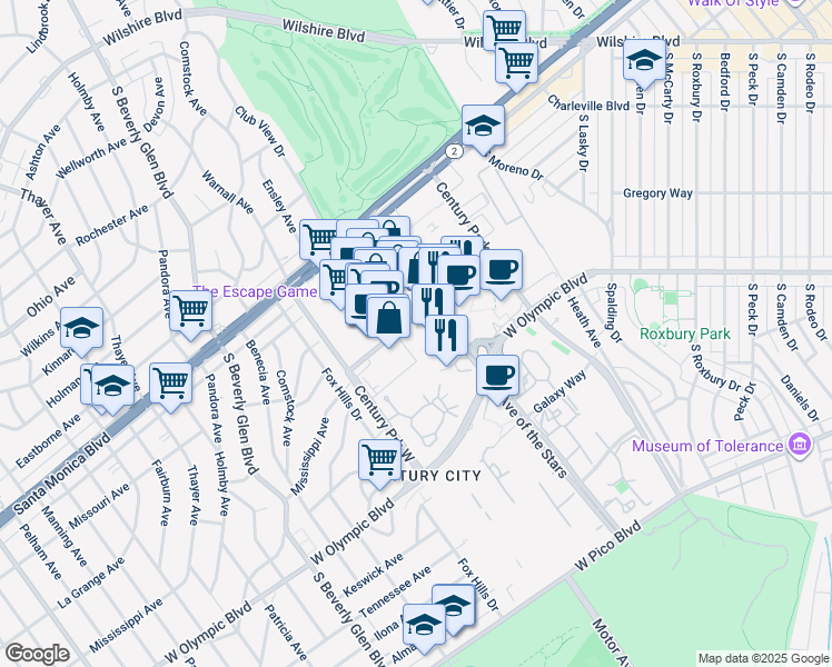 map of restaurants, bars, coffee shops, grocery stores, and more near 211 Elm Court in Los Angeles