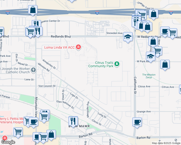 map of restaurants, bars, coffee shops, grocery stores, and more near San Luis Street in Loma Linda