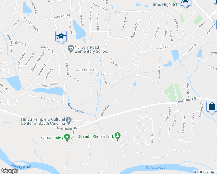 map of restaurants, bars, coffee shops, grocery stores, and more near 2112 Cedarbrook Court in Columbia