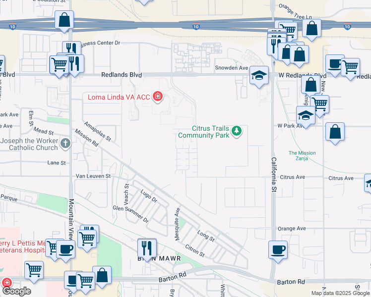 map of restaurants, bars, coffee shops, grocery stores, and more near 26114 San Luis Street in Loma Linda