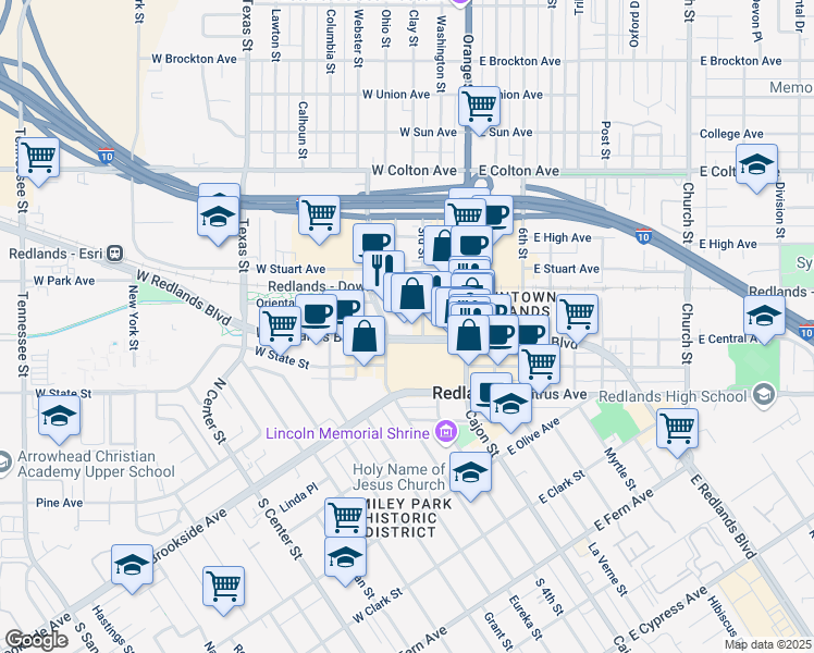 map of restaurants, bars, coffee shops, grocery stores, and more near 118 3rd Street in Redlands
