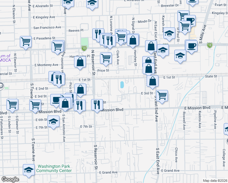 map of restaurants, bars, coffee shops, grocery stores, and more near 1315 East 3rd Street in Pomona
