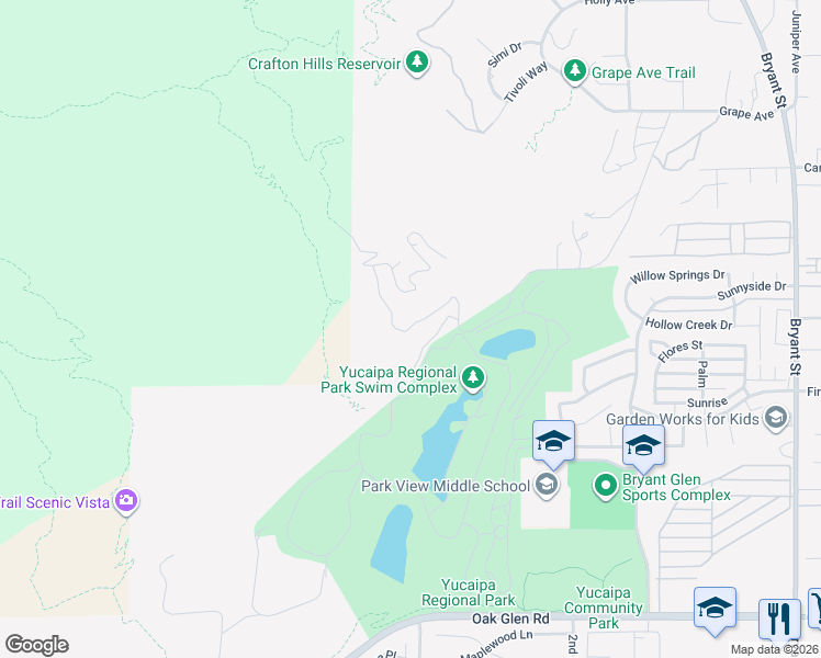 map of restaurants, bars, coffee shops, grocery stores, and more near 10700 Lakeview Road in Yucaipa