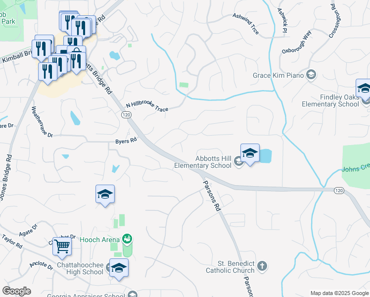 map of restaurants, bars, coffee shops, grocery stores, and more near 710 Eastbourne Court in Alpharetta