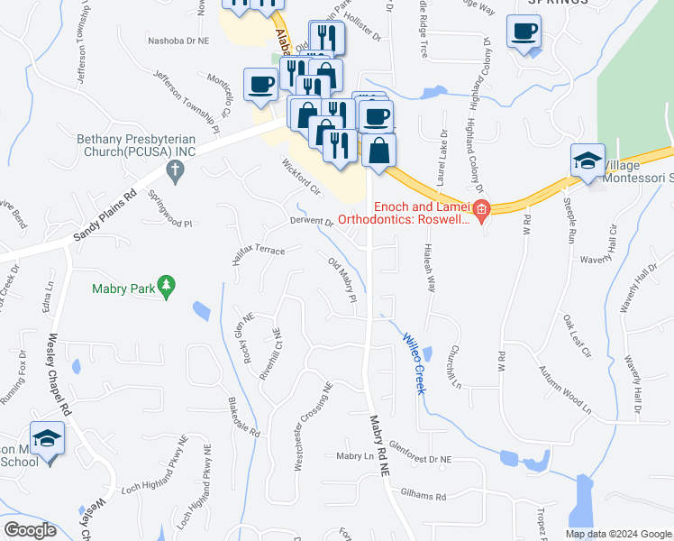 map of restaurants, bars, coffee shops, grocery stores, and more near 4453 Old Mabry Place in Roswell