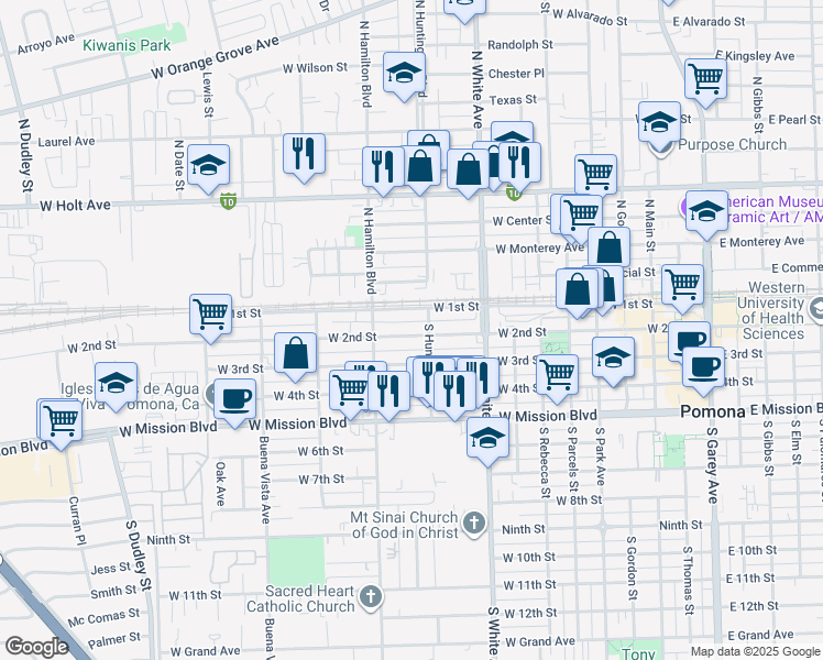 map of restaurants, bars, coffee shops, grocery stores, and more near 1031 West 2nd Street in Pomona