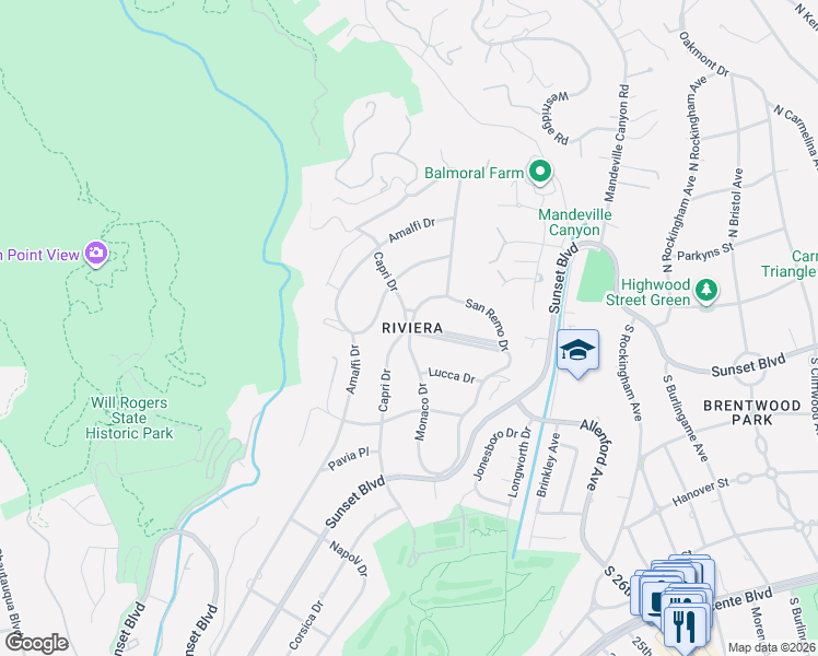 map of restaurants, bars, coffee shops, grocery stores, and more near 1490 Monaco Drive in Los Angeles