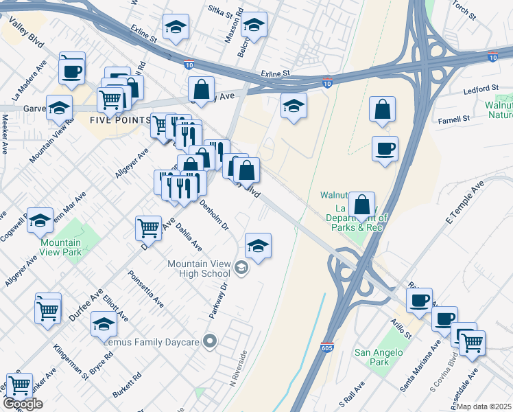 map of restaurants, bars, coffee shops, grocery stores, and more near 12432 Valley Boulevard in El Monte