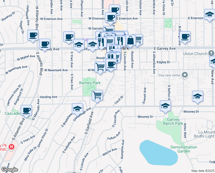 map of restaurants, bars, coffee shops, grocery stores, and more near 411 South Garfield Avenue in Monterey Park