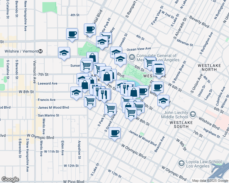 map of restaurants, bars, coffee shops, grocery stores, and more near 716 South Carondelet Street in Los Angeles