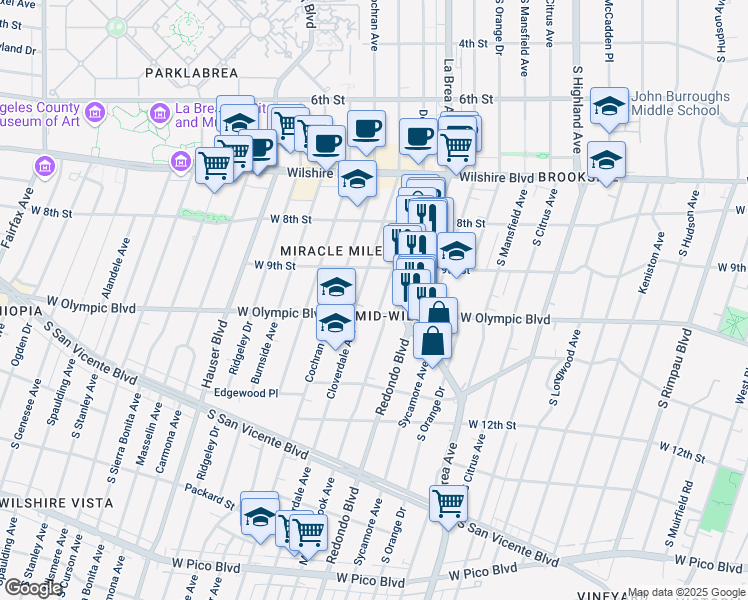 map of restaurants, bars, coffee shops, grocery stores, and more near 955 South Detroit Street in Los Angeles