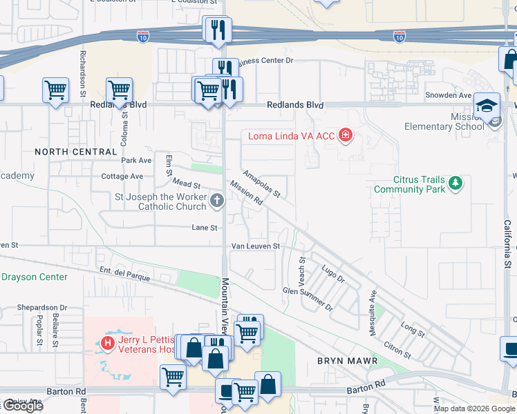 map of restaurants, bars, coffee shops, grocery stores, and more near 25809 Mission Road in Loma Linda