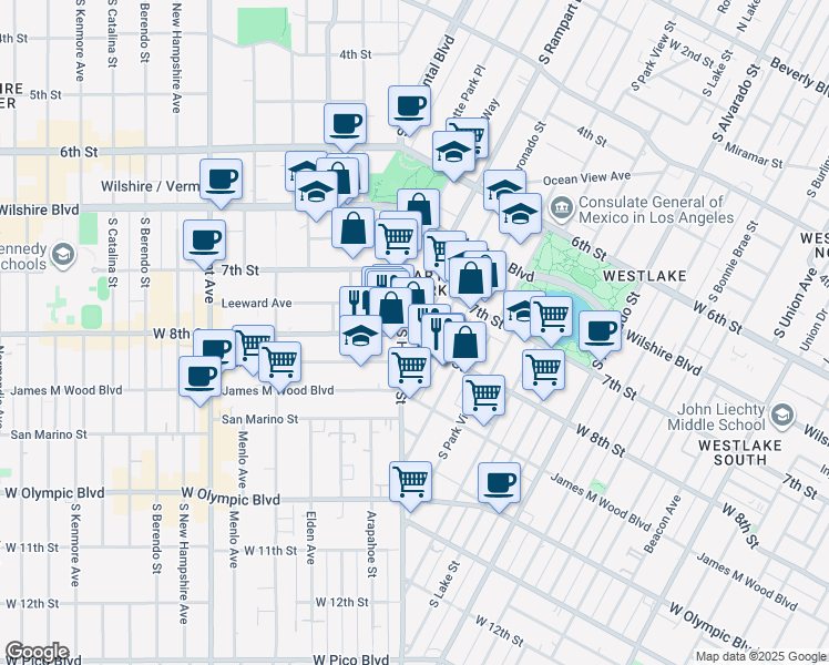 map of restaurants, bars, coffee shops, grocery stores, and more near 2629 West 8th Street in Los Angeles