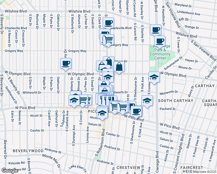 map of restaurants, bars, coffee shops, grocery stores, and more near 1059 South Wooster Street in Los Angeles