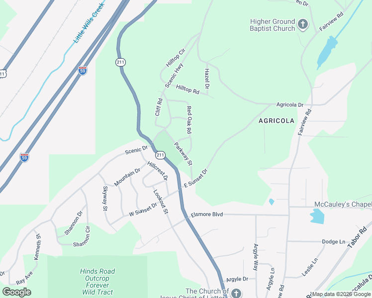 map of restaurants, bars, coffee shops, grocery stores, and more near 2400 Red Oak Road in Gadsden