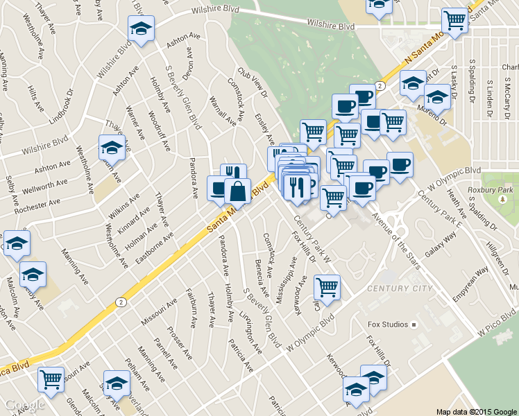 map of restaurants, bars, coffee shops, grocery stores, and more near 10323 Missouri Avenue in Los Angeles