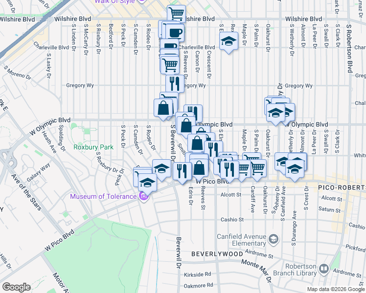 map of restaurants, bars, coffee shops, grocery stores, and more near 458 Smithwood Drive in Beverly Hills