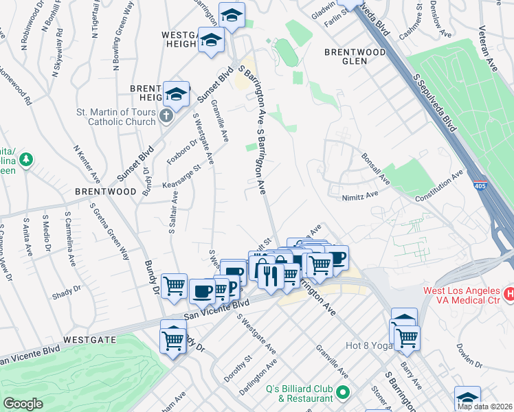 map of restaurants, bars, coffee shops, grocery stores, and more near 575 South Barrington Avenue in Los Angeles