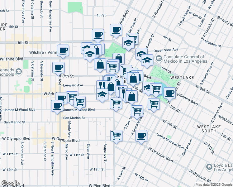 map of restaurants, bars, coffee shops, grocery stores, and more near 2629 West 8th Street in Los Angeles