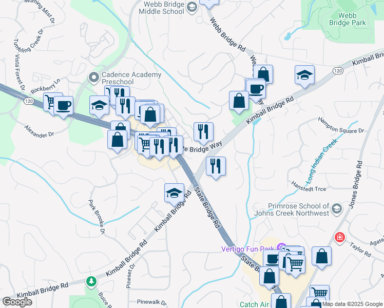 map of restaurants, bars, coffee shops, grocery stores, and more near 4400 Kimball Bridge Road in Alpharetta