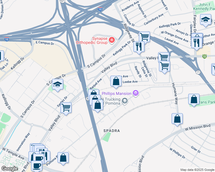 map of restaurants, bars, coffee shops, grocery stores, and more near 408 Gretchen Place in Pomona