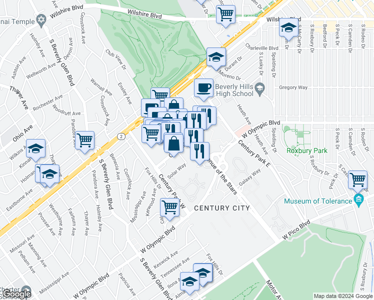 map of restaurants, bars, coffee shops, grocery stores, and more near 2025 Avenue of the Stars in Los Angeles