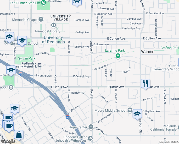 map of restaurants, bars, coffee shops, grocery stores, and more near 204 Craig Court in Redlands