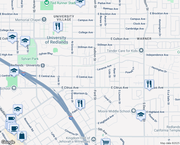 map of restaurants, bars, coffee shops, grocery stores, and more near 204 Craig Court in Redlands