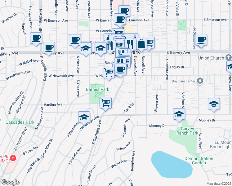 map of restaurants, bars, coffee shops, grocery stores, and more near 420 South Garfield Avenue in Monterey Park