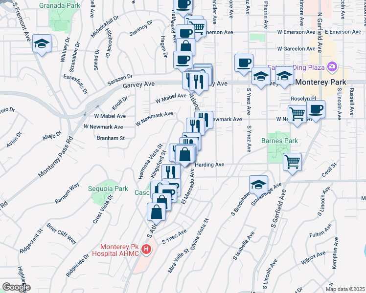 map of restaurants, bars, coffee shops, grocery stores, and more near 415 De La Fuente Street in Monterey Park