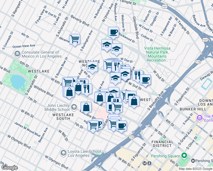 map of restaurants, bars, coffee shops, grocery stores, and more near 417 Witmer Street in Los Angeles