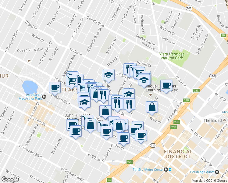 map of restaurants, bars, coffee shops, grocery stores, and more near in Los Angeles
