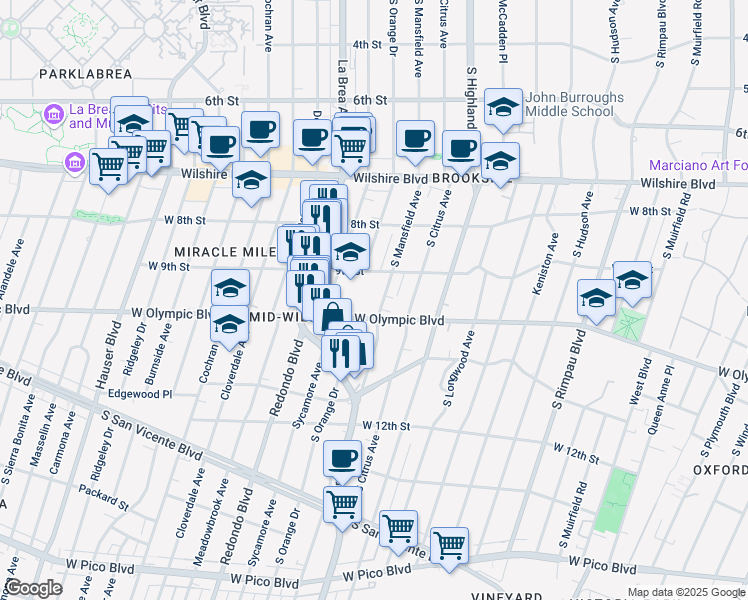map of restaurants, bars, coffee shops, grocery stores, and more near 958 South Mansfield Avenue in Los Angeles