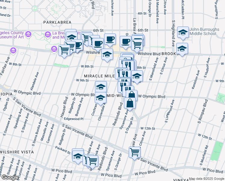 map of restaurants, bars, coffee shops, grocery stores, and more near 955 South Detroit Street in Los Angeles