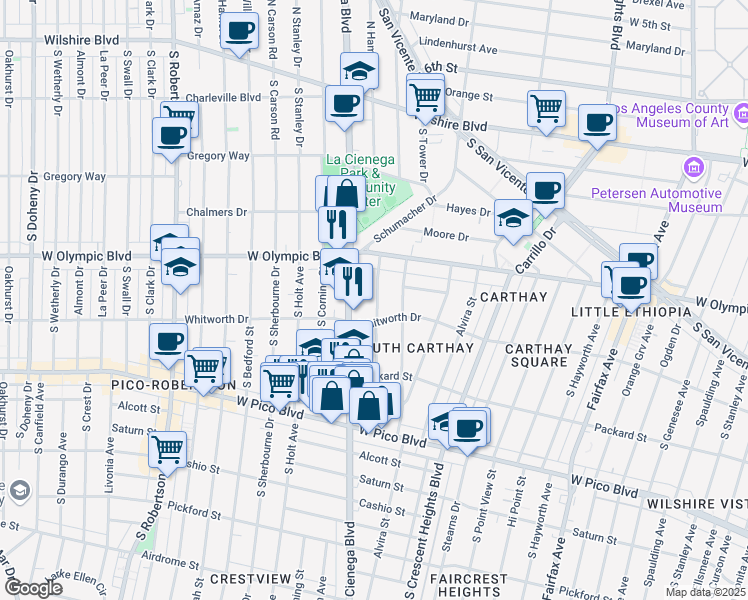 map of restaurants, bars, coffee shops, grocery stores, and more near 1070 South La Cienega Boulevard in Los Angeles
