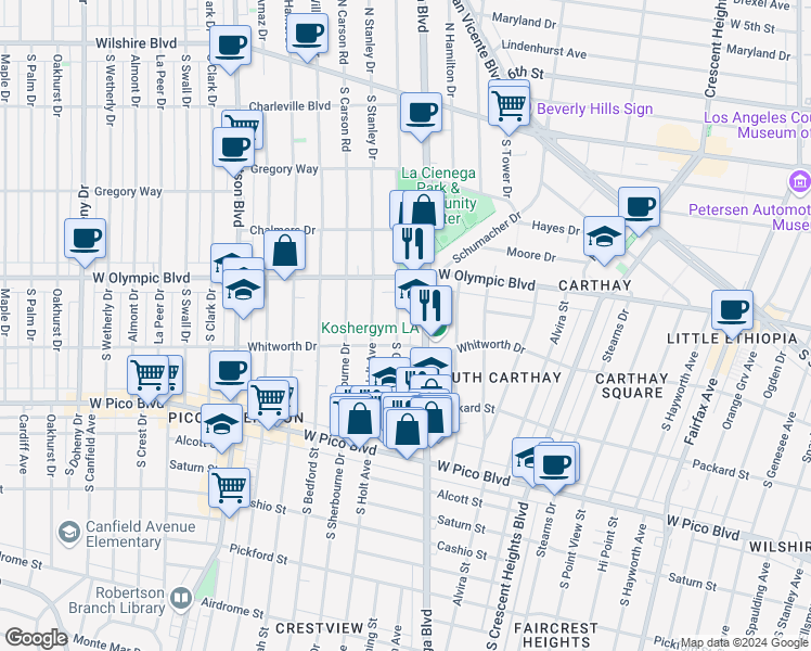 map of restaurants, bars, coffee shops, grocery stores, and more near 1060 South Corning Street in Los Angeles