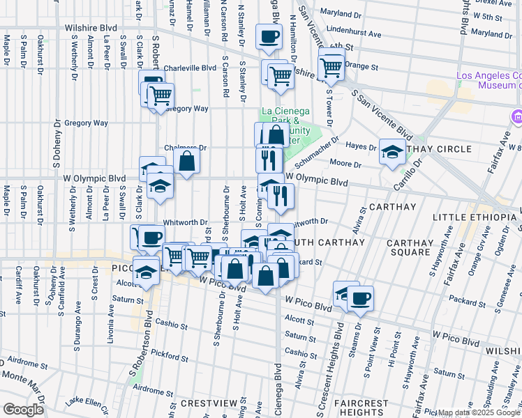 map of restaurants, bars, coffee shops, grocery stores, and more near 1060 South Corning Street in Los Angeles
