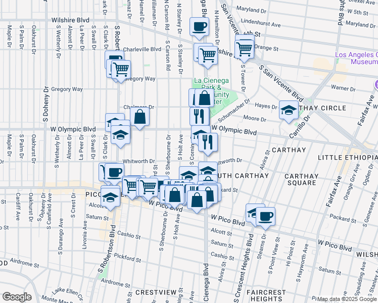 map of restaurants, bars, coffee shops, grocery stores, and more near 1060 South Corning Street in Los Angeles