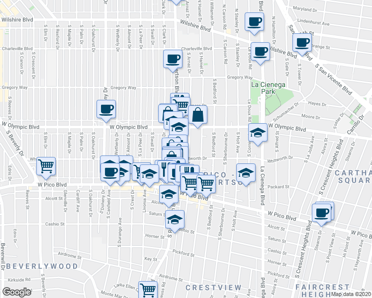 map of restaurants, bars, coffee shops, grocery stores, and more near 1059 South Wooster Street in Los Angeles