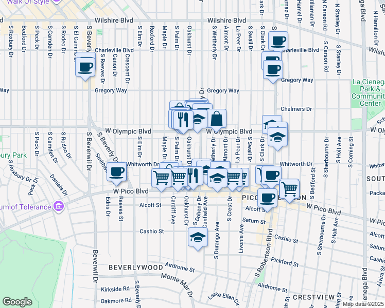 map of restaurants, bars, coffee shops, grocery stores, and more near 454 South Oakhurst Drive in Beverly Hills