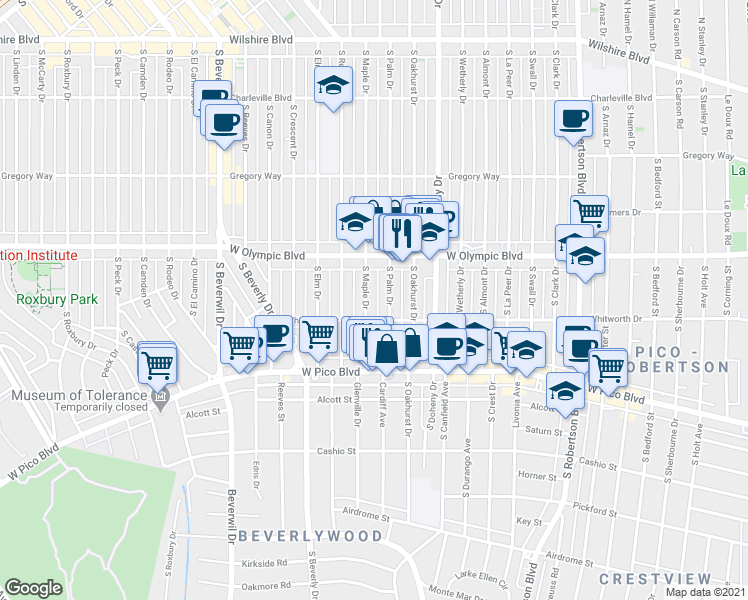 map of restaurants, bars, coffee shops, grocery stores, and more near 461 1/2 South Palm Drive in Beverly Hills