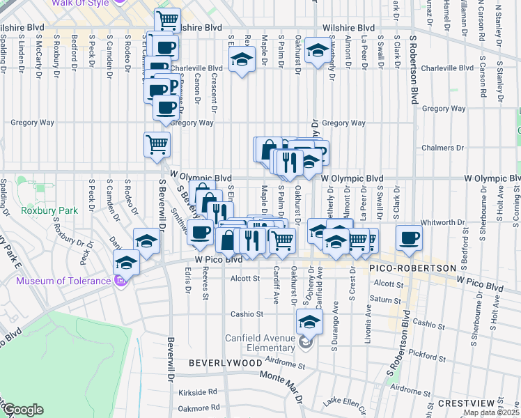 map of restaurants, bars, coffee shops, grocery stores, and more near 454 South Rexford Drive in Beverly Hills