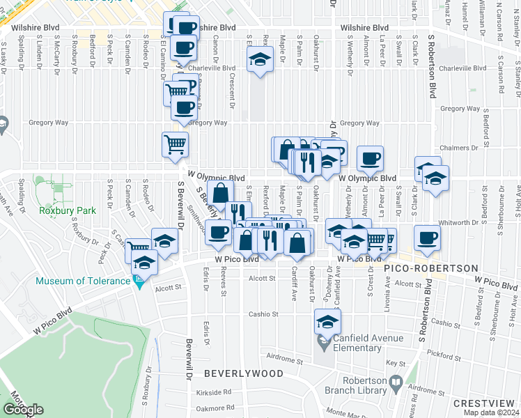 map of restaurants, bars, coffee shops, grocery stores, and more near 454 South Rexford Drive in Beverly Hills