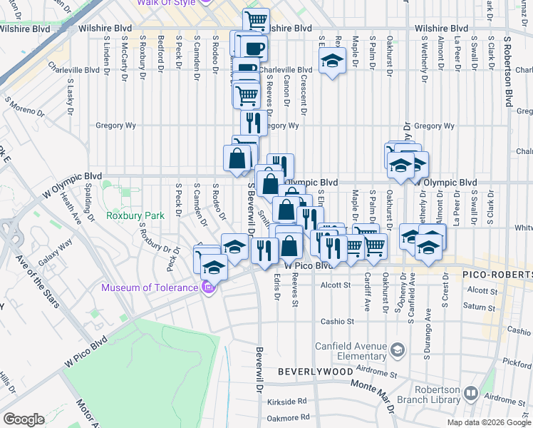 map of restaurants, bars, coffee shops, grocery stores, and more near 458 Smithwood Drive in Beverly Hills