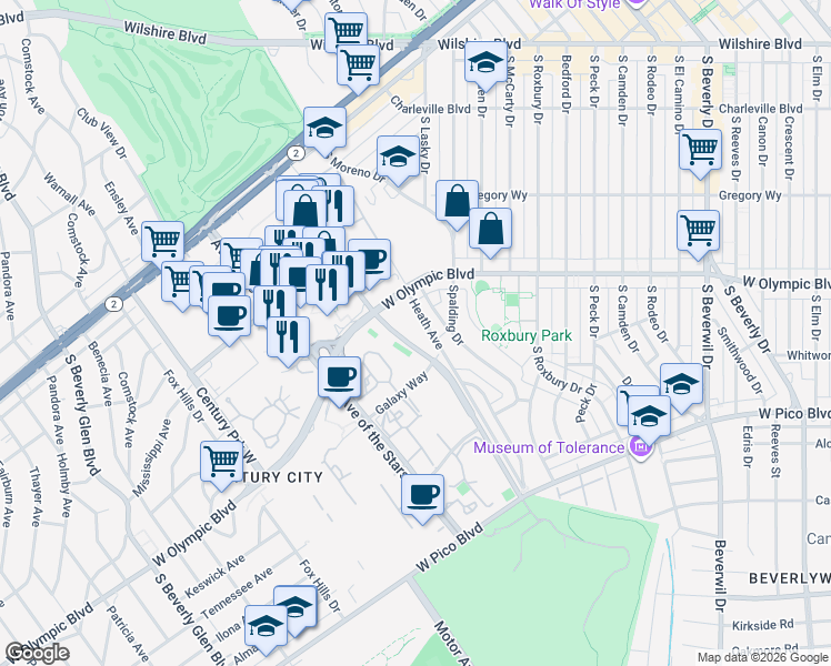 map of restaurants, bars, coffee shops, grocery stores, and more near 2170 Century Park East in Los Angeles